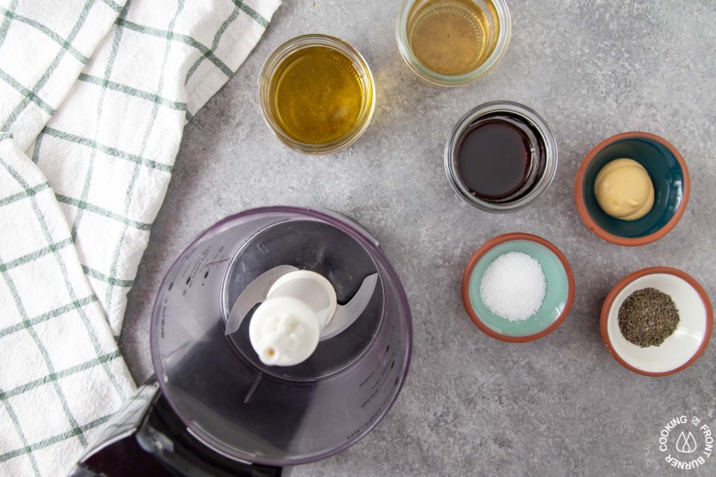 ingredients for maple mustard vinaigrette with a food processor