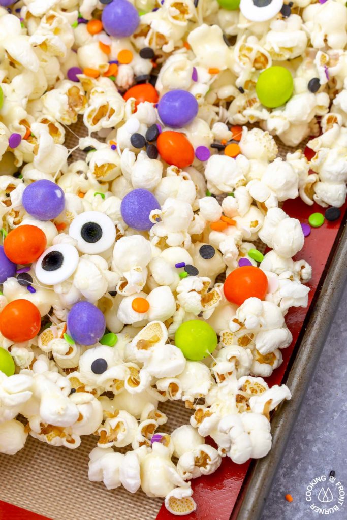 halloween snack mix on a cookie sheet