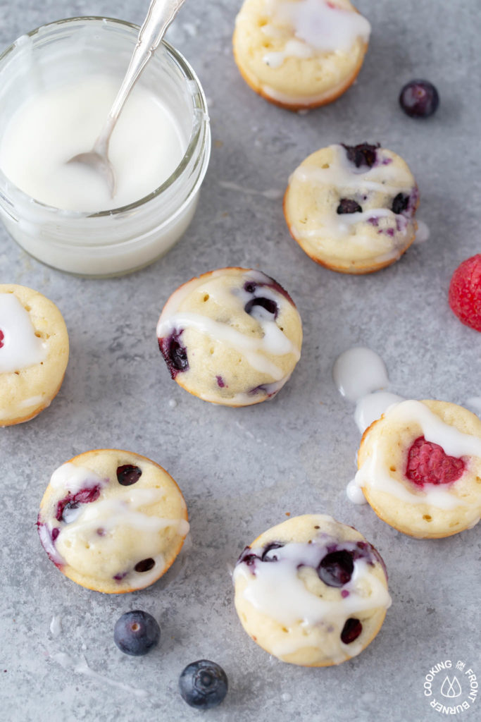 mini pancake muffins on a board with glaze 