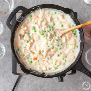 chicken pot pie mixture in a skillet