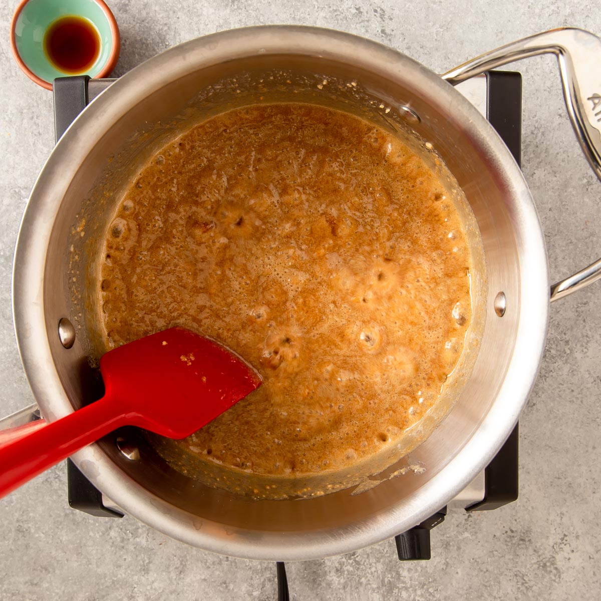 toffee mixture boiling in a pan