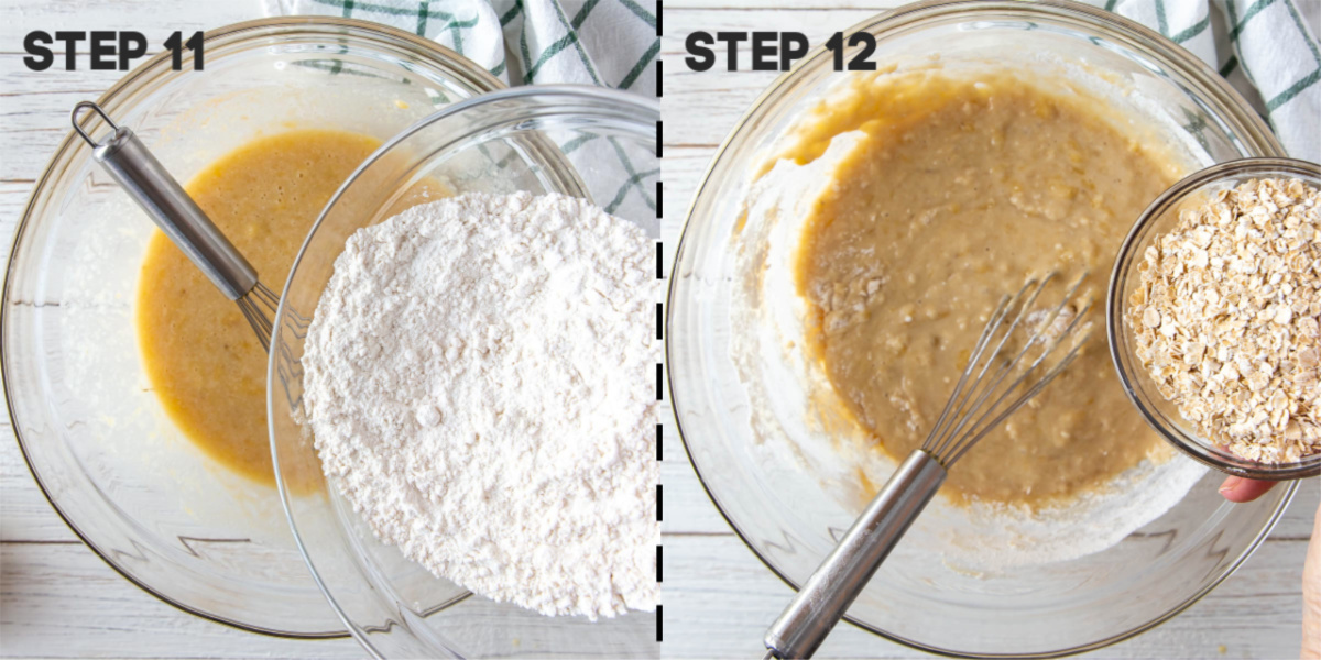 Adding flour to banana bread batter
