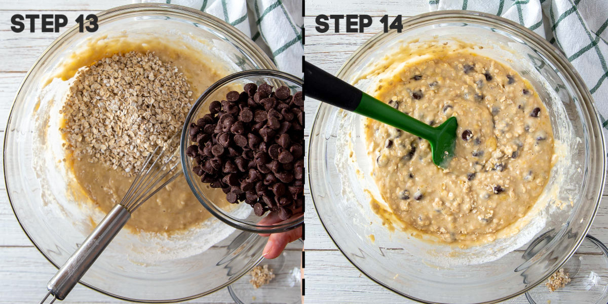 Adding in chocolate chips to banana bread batter