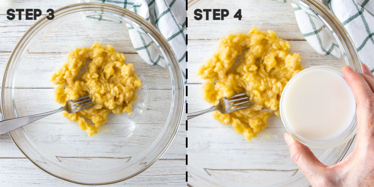 mashing bananas in a bowl