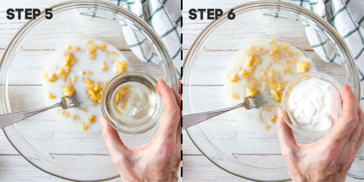 adding oil and milk to banana bread batter