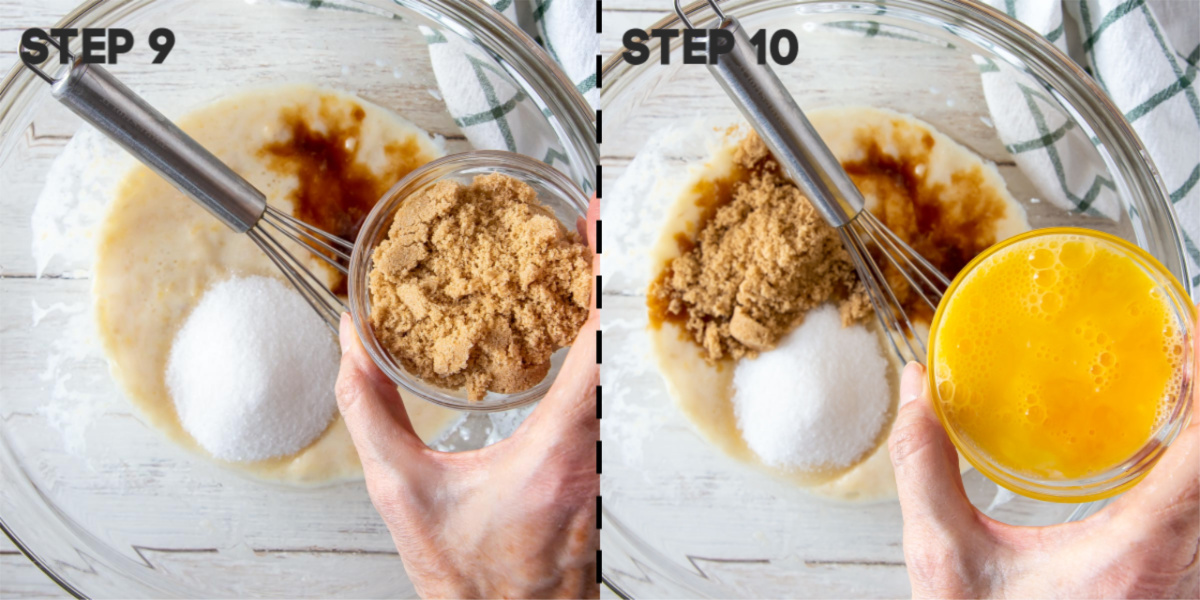 adding brown sugar and eggs to banana bread batter