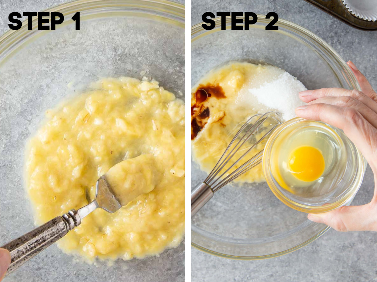 a mashed banana in a bowl and adding ingredients to make to banana muffins