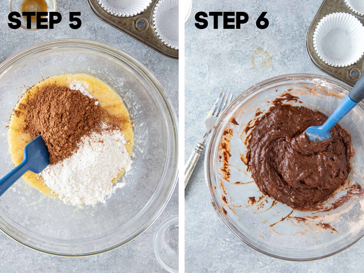 dry ingredients added to a bowl for making chocolate chip banana muffins