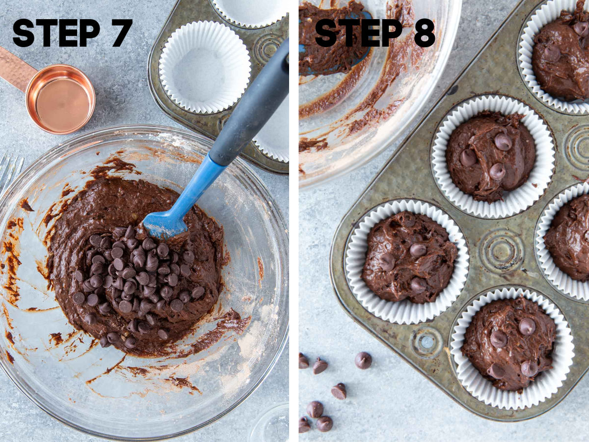 adding chocolate chips into batter for banana muffins