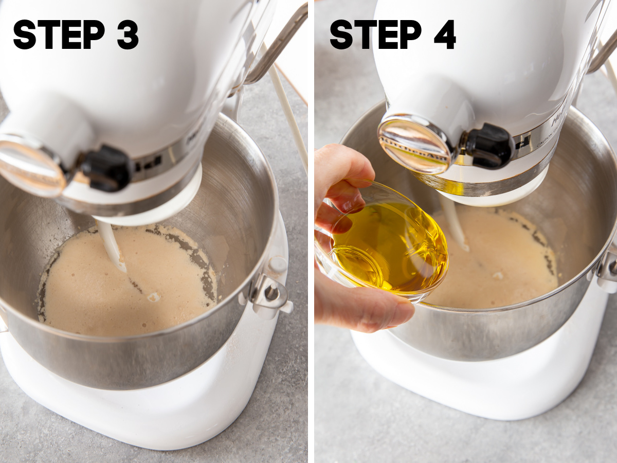 adding oil in a mixer to make bread