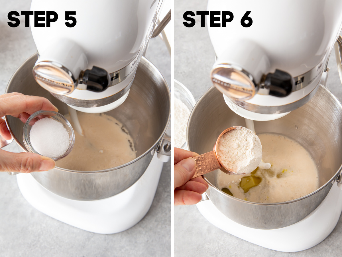 adding salt and flour into a mixing bowl for making bread