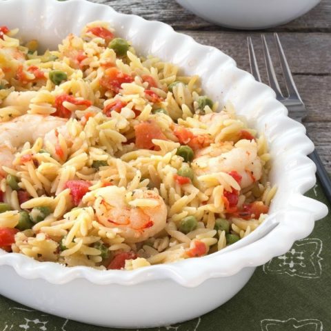 Lemon Orzo Shrimp Bake