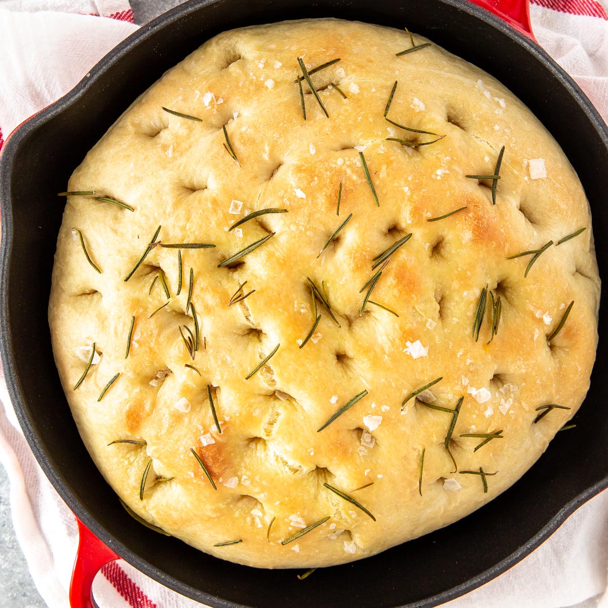 Skillet Focaccia Bread with Rosemary Cooking on the Front Burner