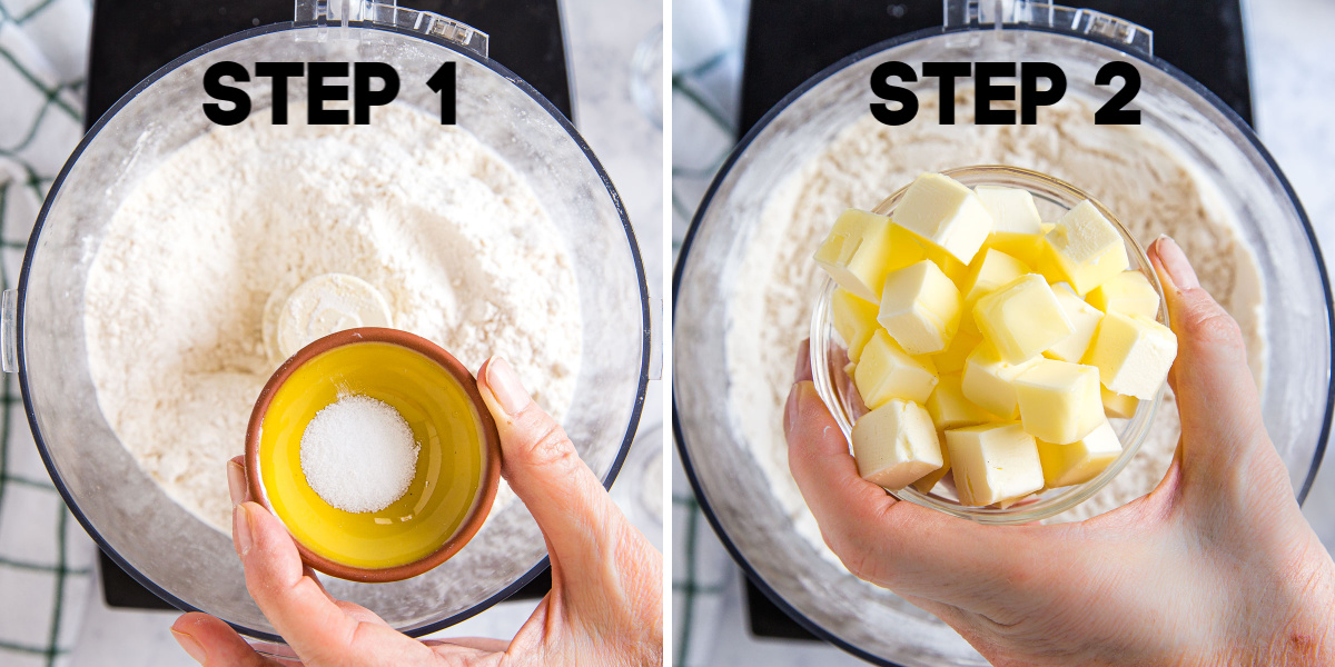 a food processor with flour and butter