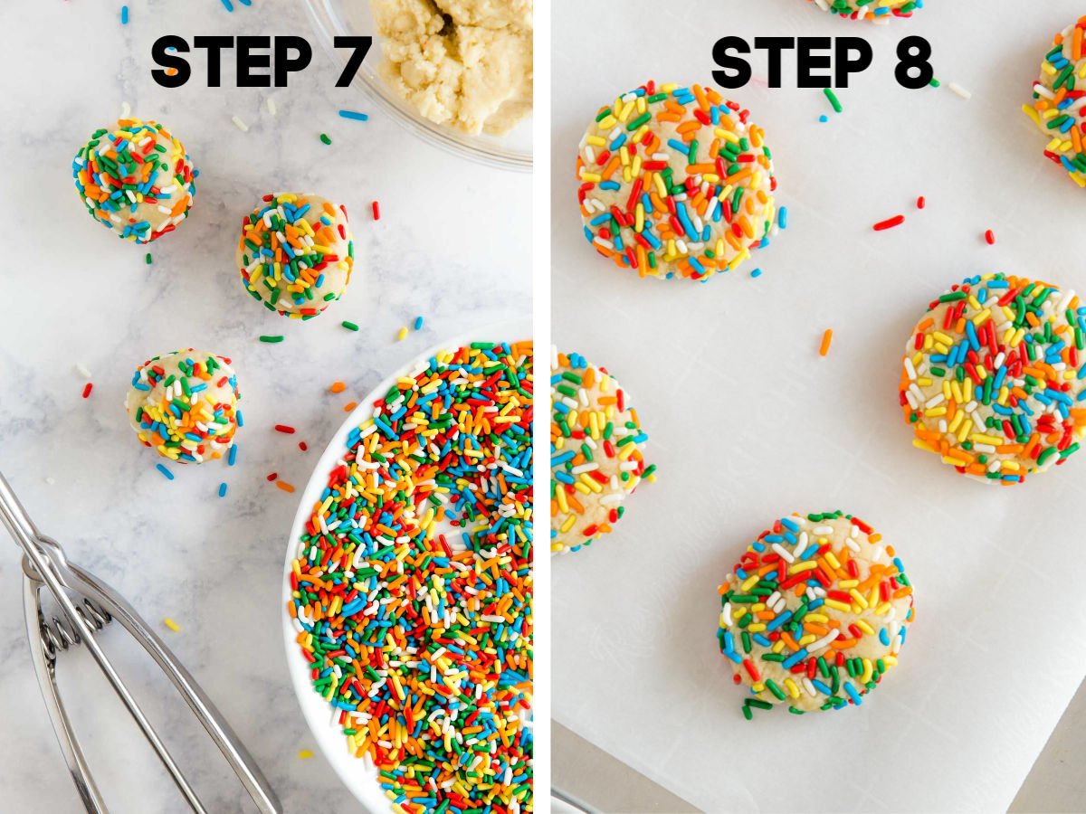 rolling dough balls in sprinkles and placing on a cookie sheet