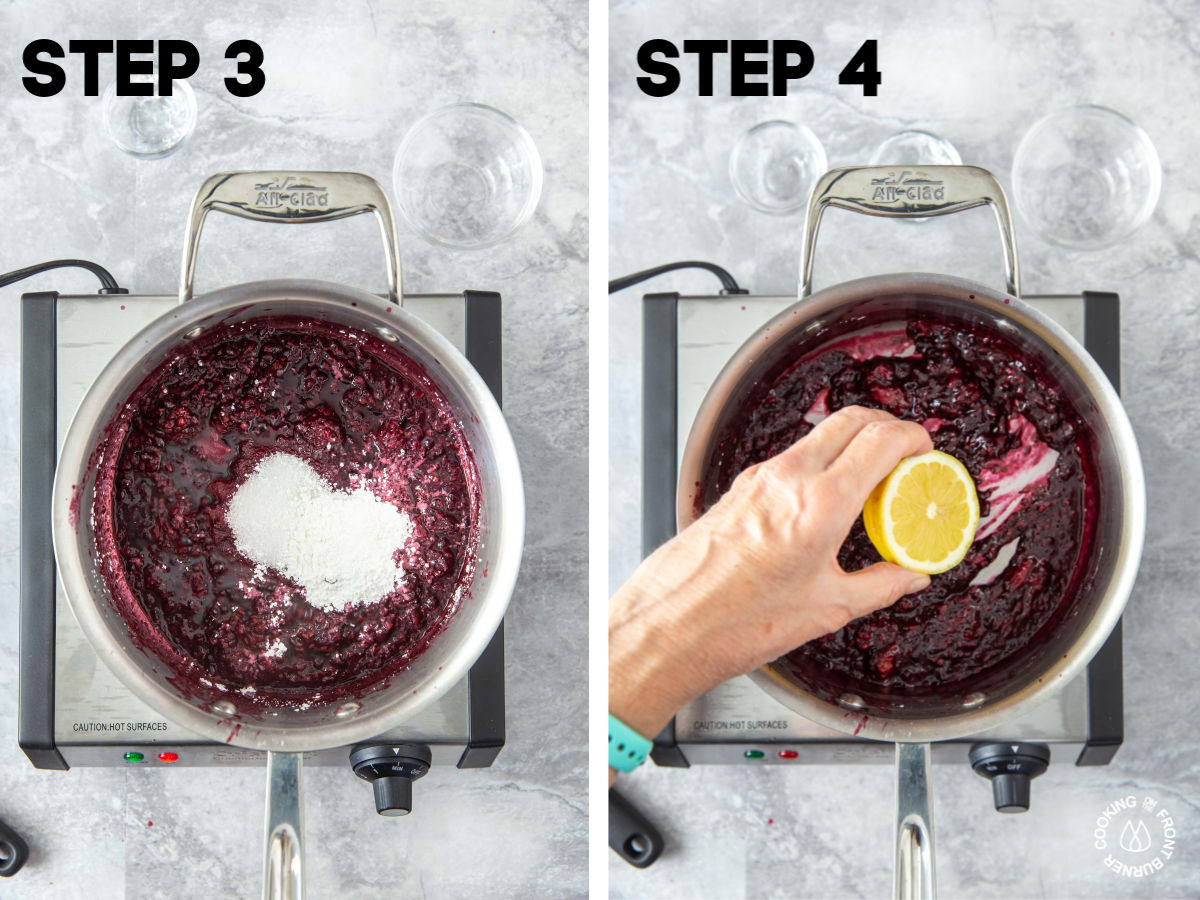 a medium saucepan on a burner with cooked blackberries in it and adding sugar, cornstarch, salt and lemon juice