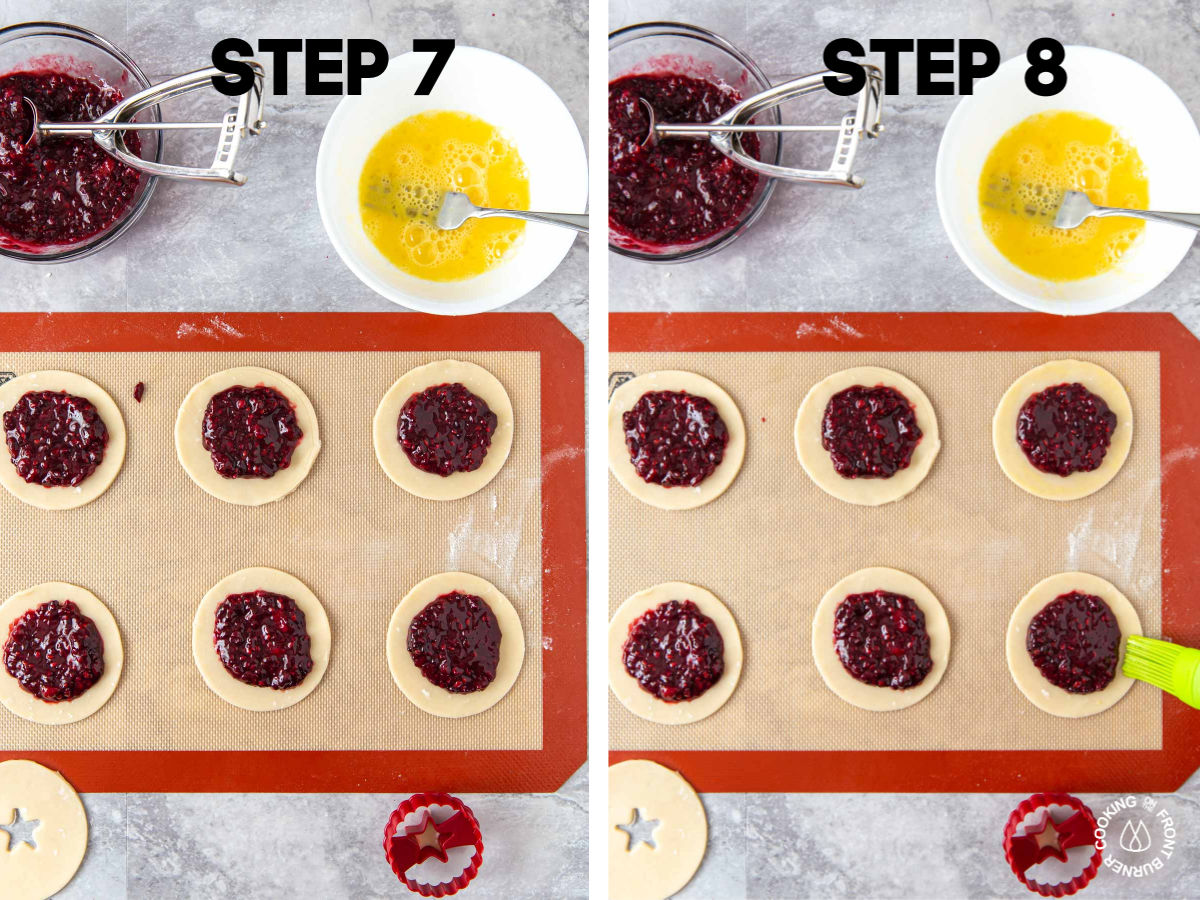 small pie circles on a cookie sheet with blackberry filling in the center; brushing an egg wash around the outer edges