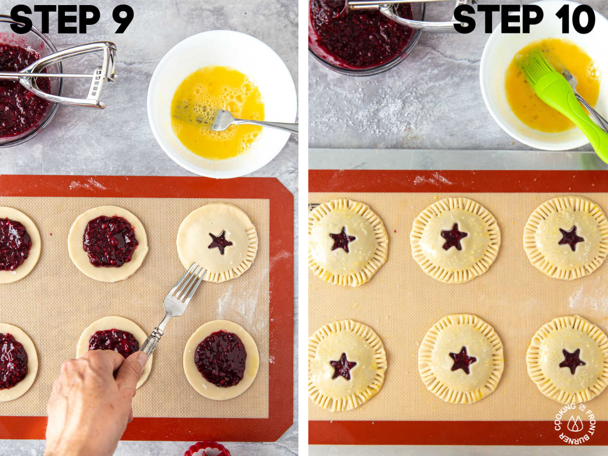 small pie circles on cookie sheet with blackberry filling with a top crust on and crimping edges with a fork