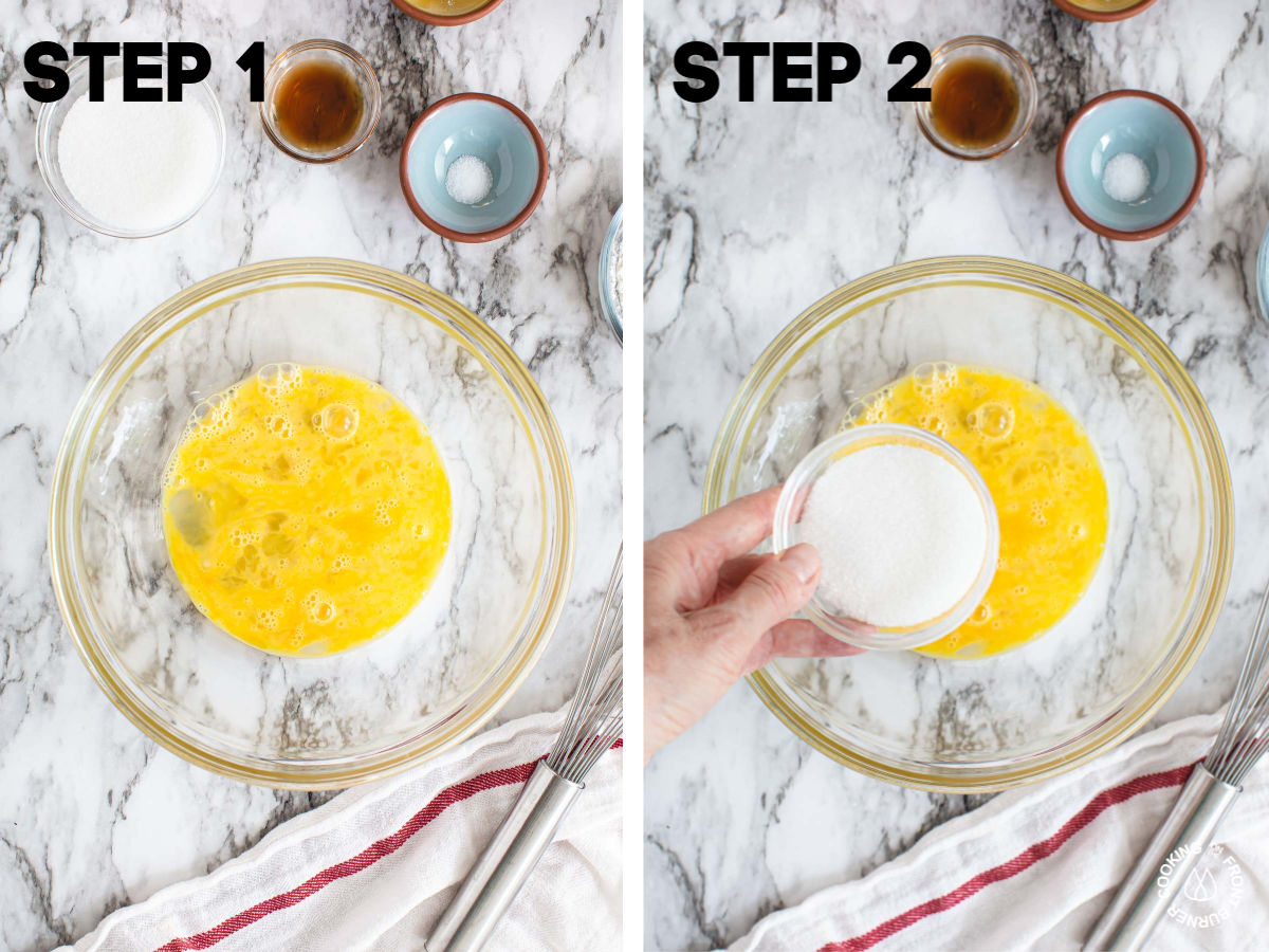 a bowl with 2 lightly beaten eggs and adding sugar to it