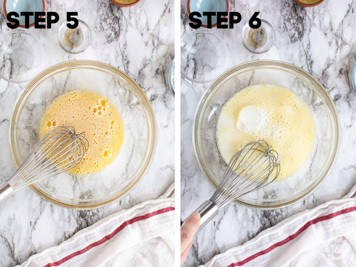 a large bowl with an egg mixture adding in milk