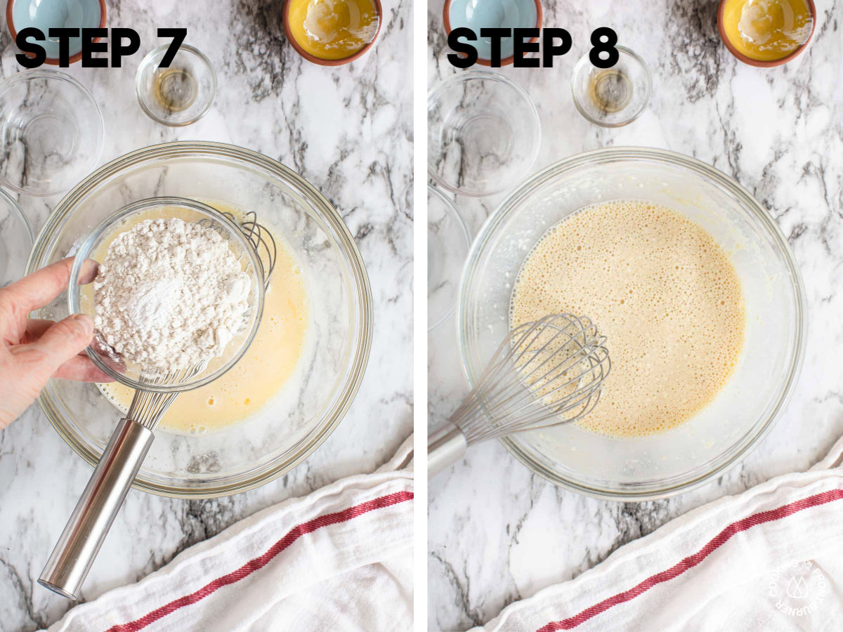 adding flour into wet ingredients for berry cake