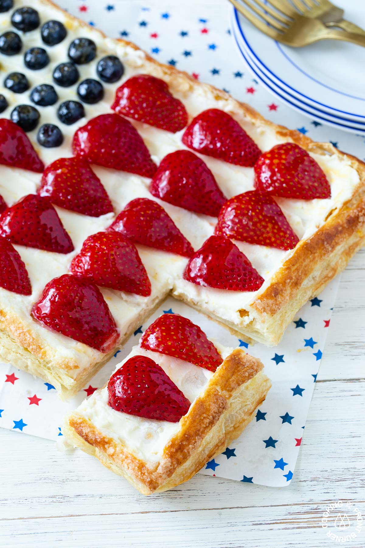 a american flag tart with a piece cut out
