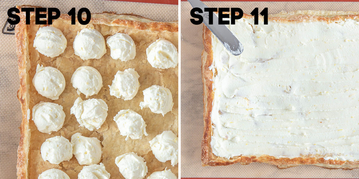 scoops of mascarpone cheese filling in a puff pastry tart and using a spatula to spread it