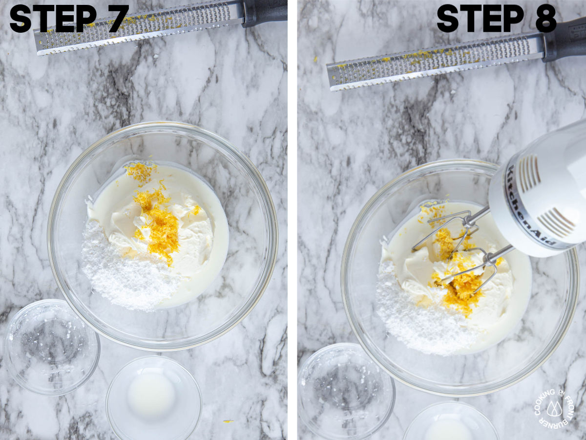 making mascarpone filling in a bowl with a mixer - cheese, lemon, powdered sugar and lemon zest