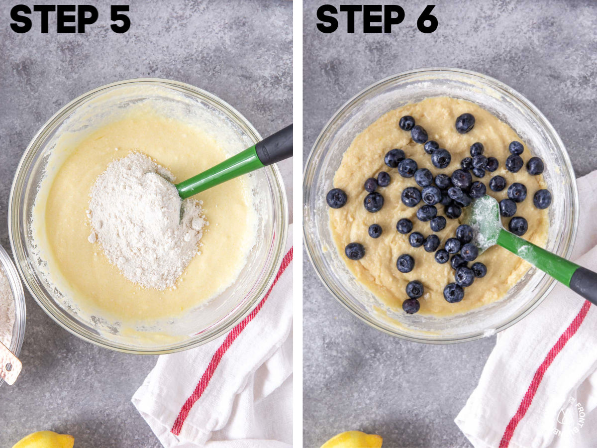 a bowl with batter and adding flour to it