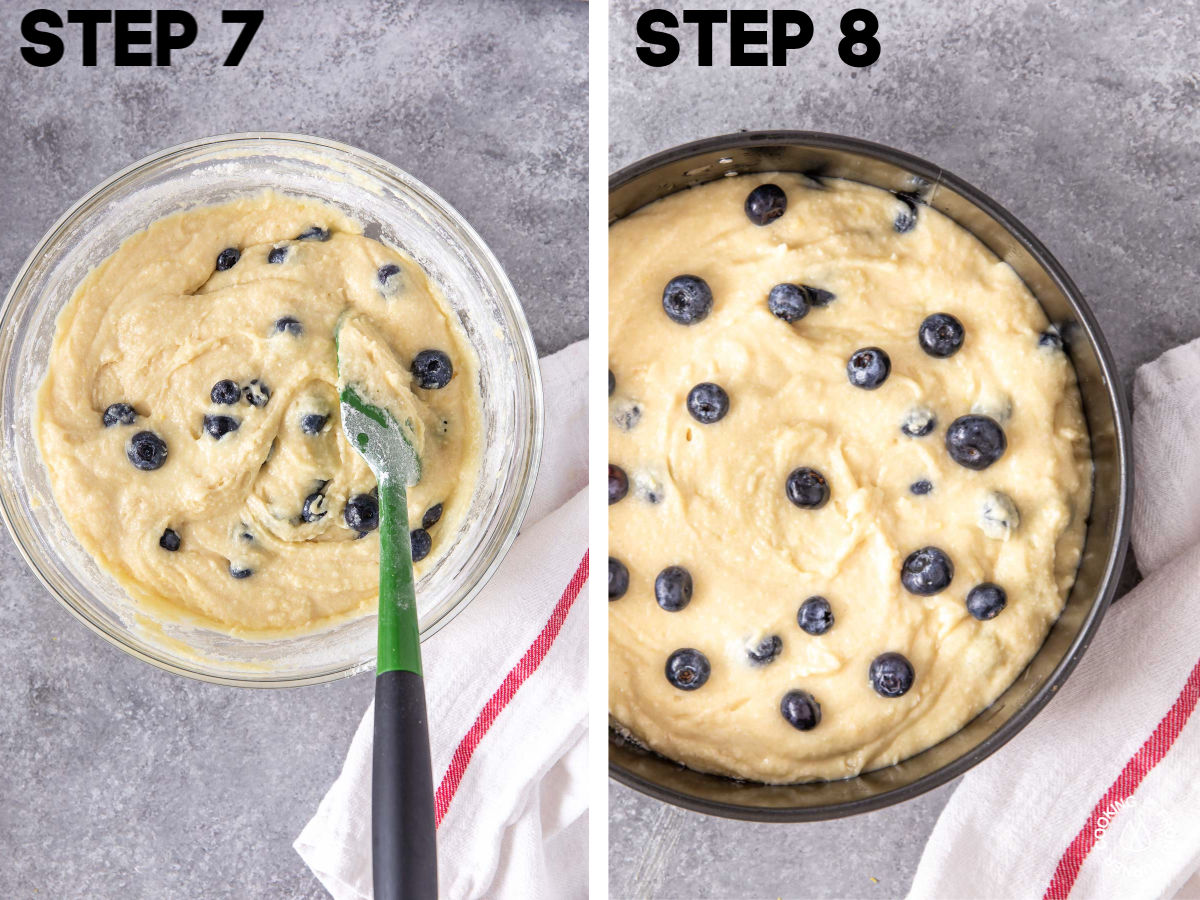 a bowl of batter with blueberries stirred in