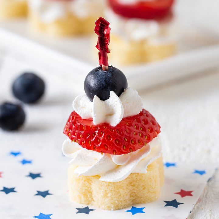 one mini strawberry pound cake bite on a napkin