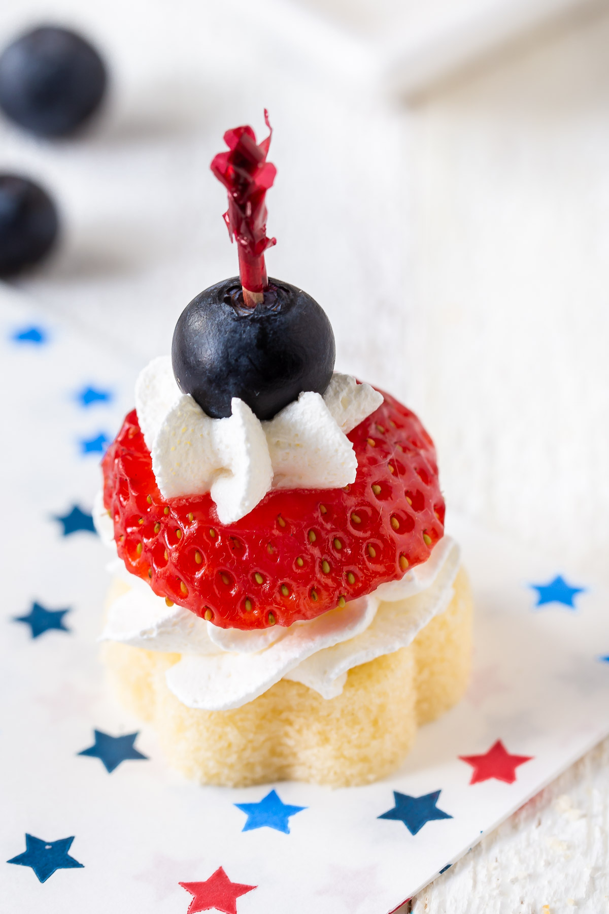 one poundcake strawberry bite on a napkin