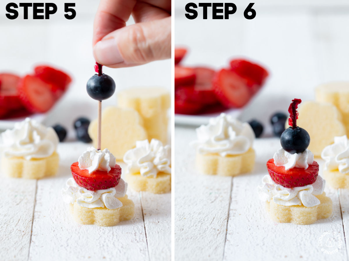 mini pound cake pieces topped with cool whip, strawberry slice, cool whip and topped with a blueberry on a toothpick to hold together