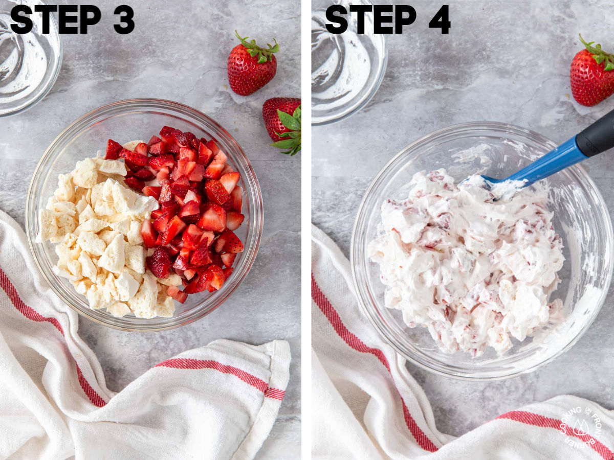 a bowl with cool whip, meringue cookies and fresh chopped strawberries