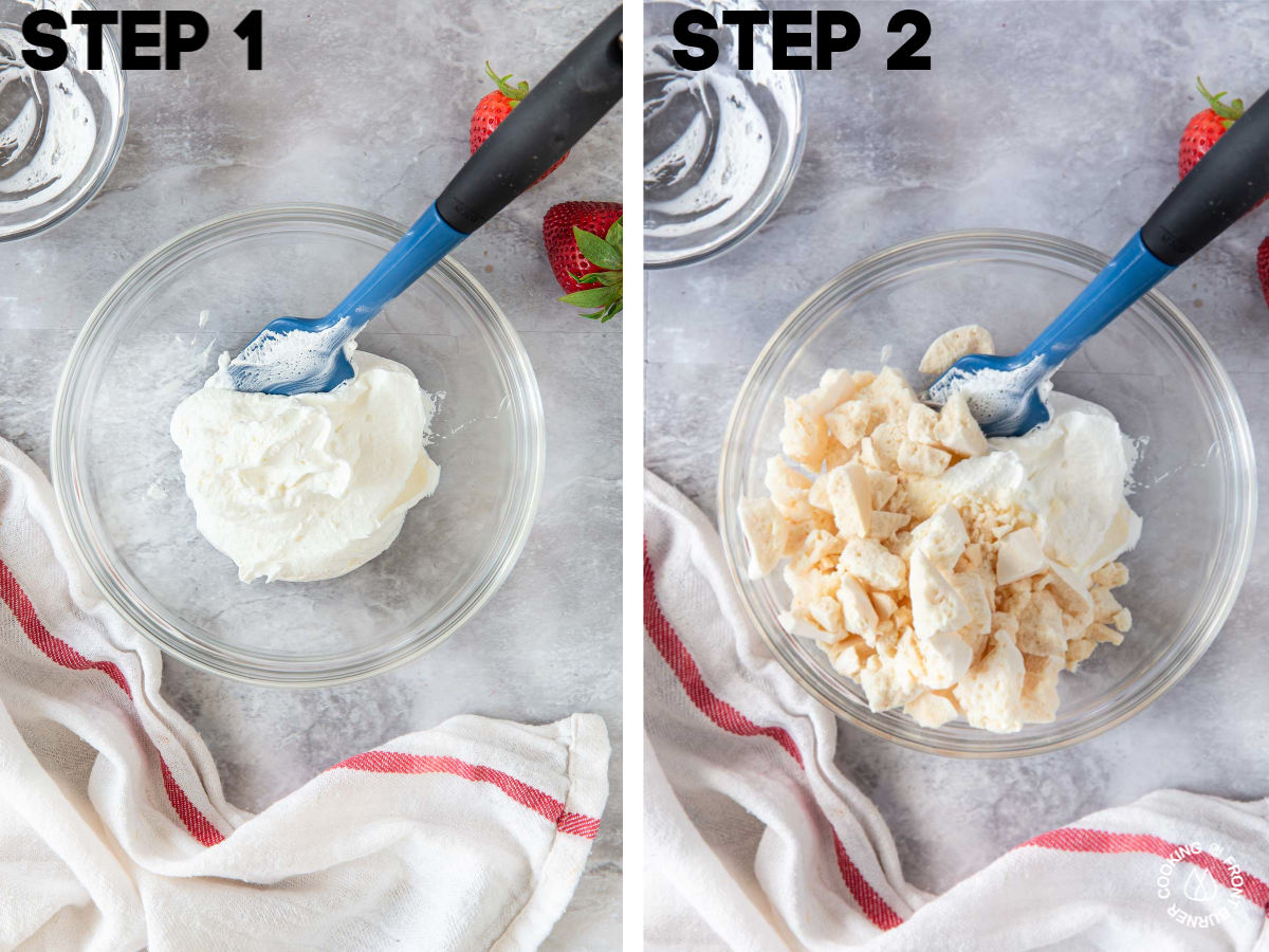 a bowl with cool whip and meringue cookies in it