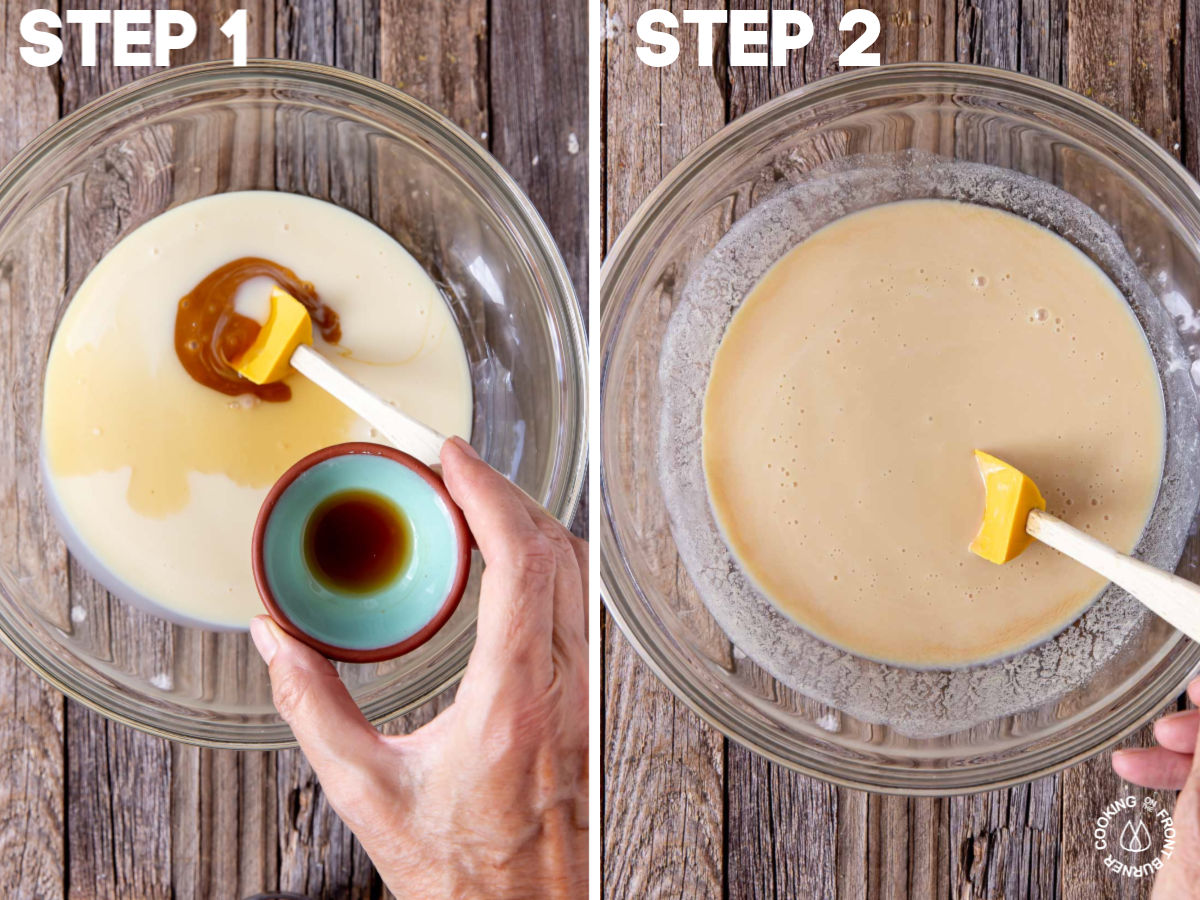 a bowl with condensed milk, caramel sauce, vanilla extract and bourbon being stirred