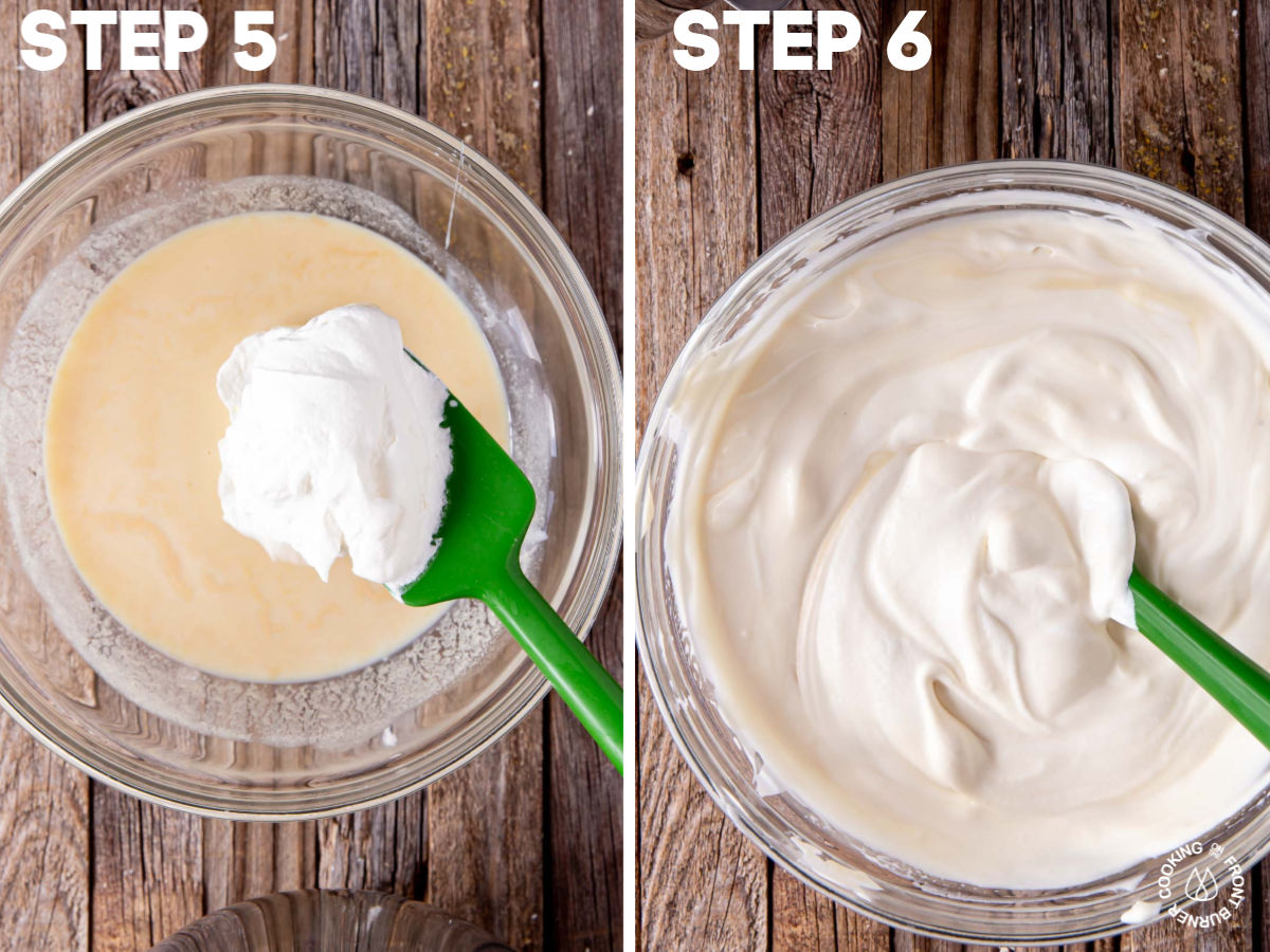 a sweetened condensed mixture in a bowl and folding in with a spoon some whipped cream