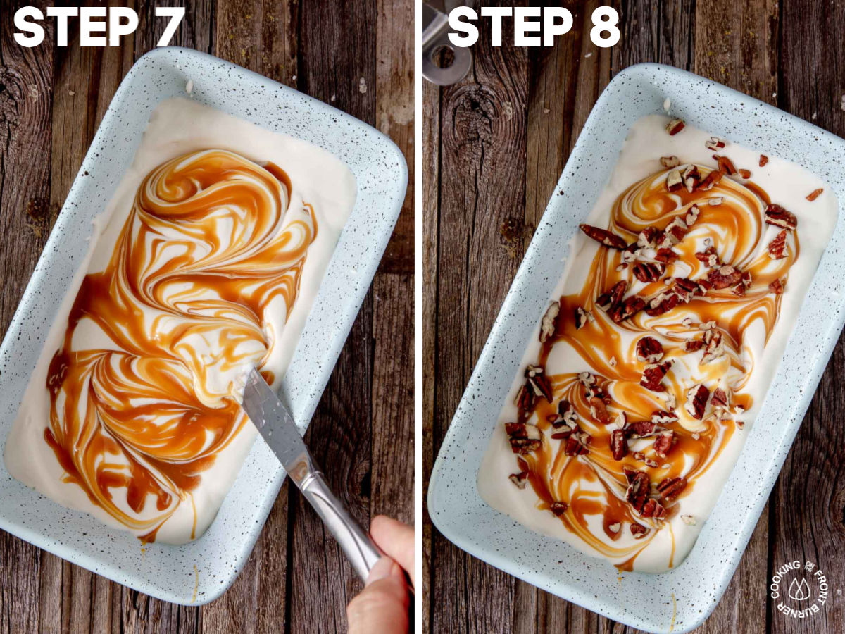 layering ice cream mixture in a loaf pan and swirling in pecans and caramel sauce