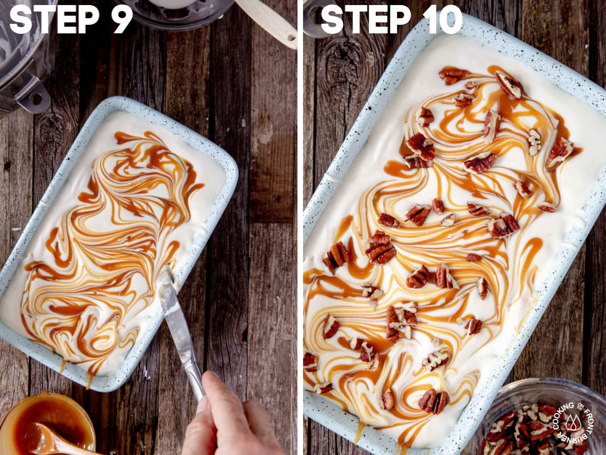 layering ice cream mixture in a loaf pan topped with caramel sauce and pecans