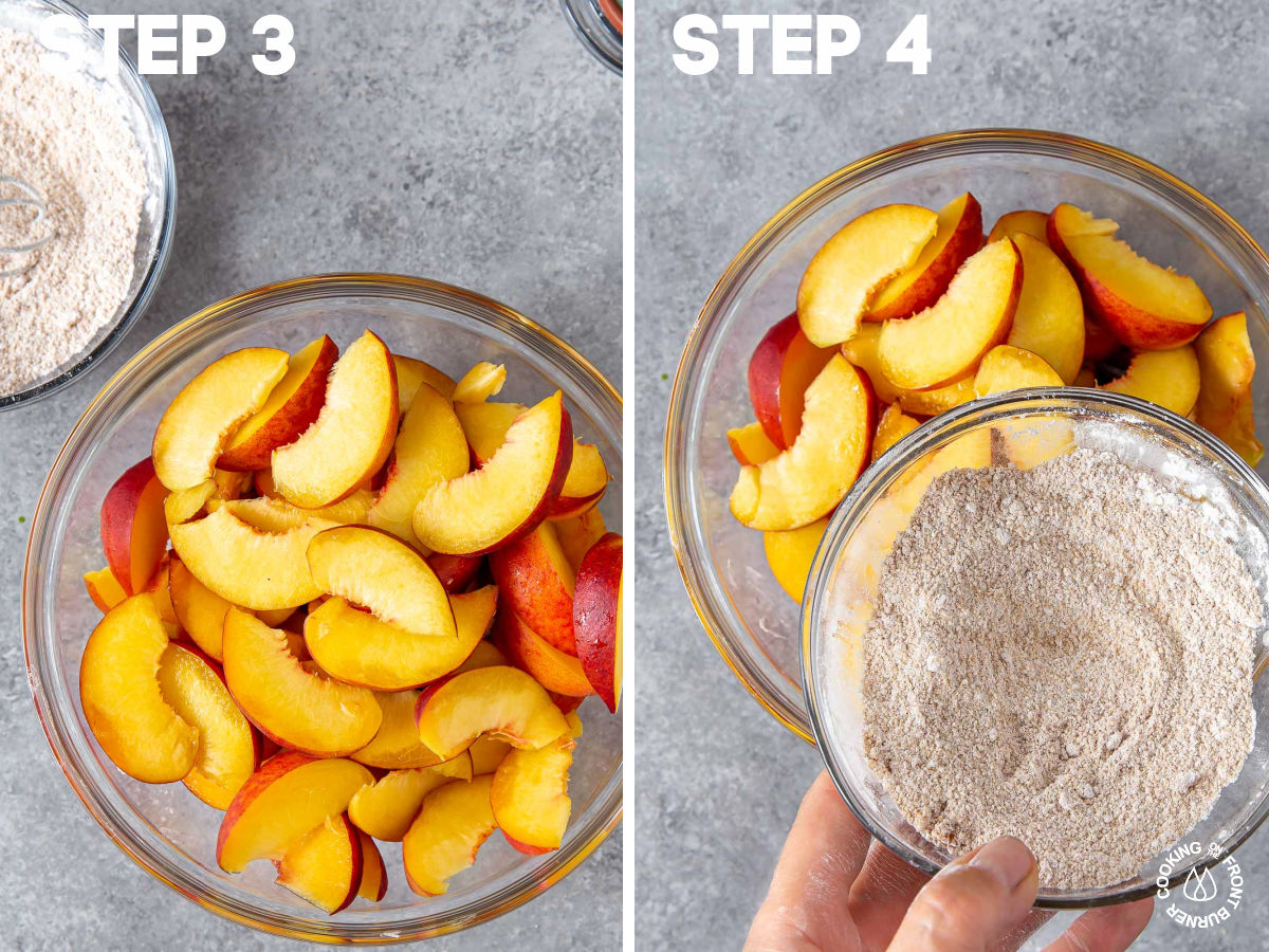 a bowl with fresh sliced peaches and adding a brown sugar mixture