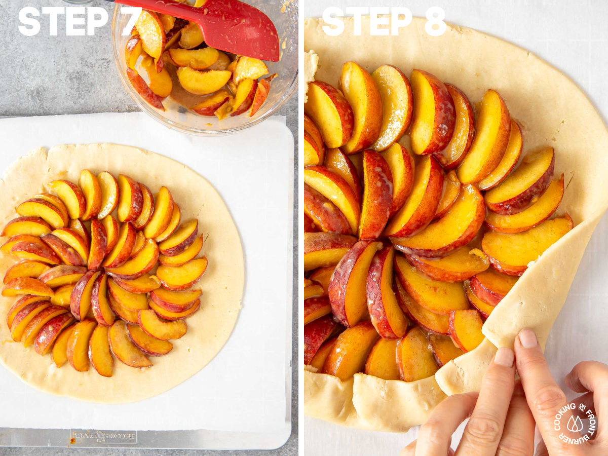 sliced peaches on a pie crust in a circle