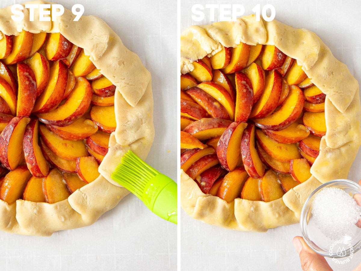 unbaked peach galette on a cookie sheet brushing an egg wash on outer edge