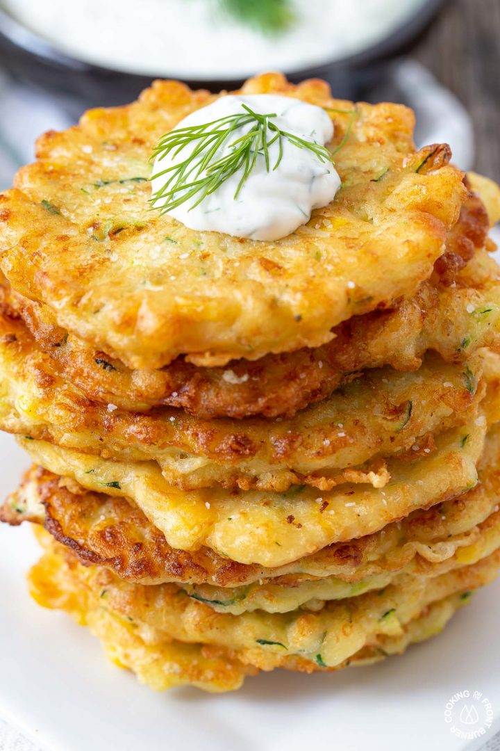 Zucchini Corn Fritters Cooking on the Front Burner