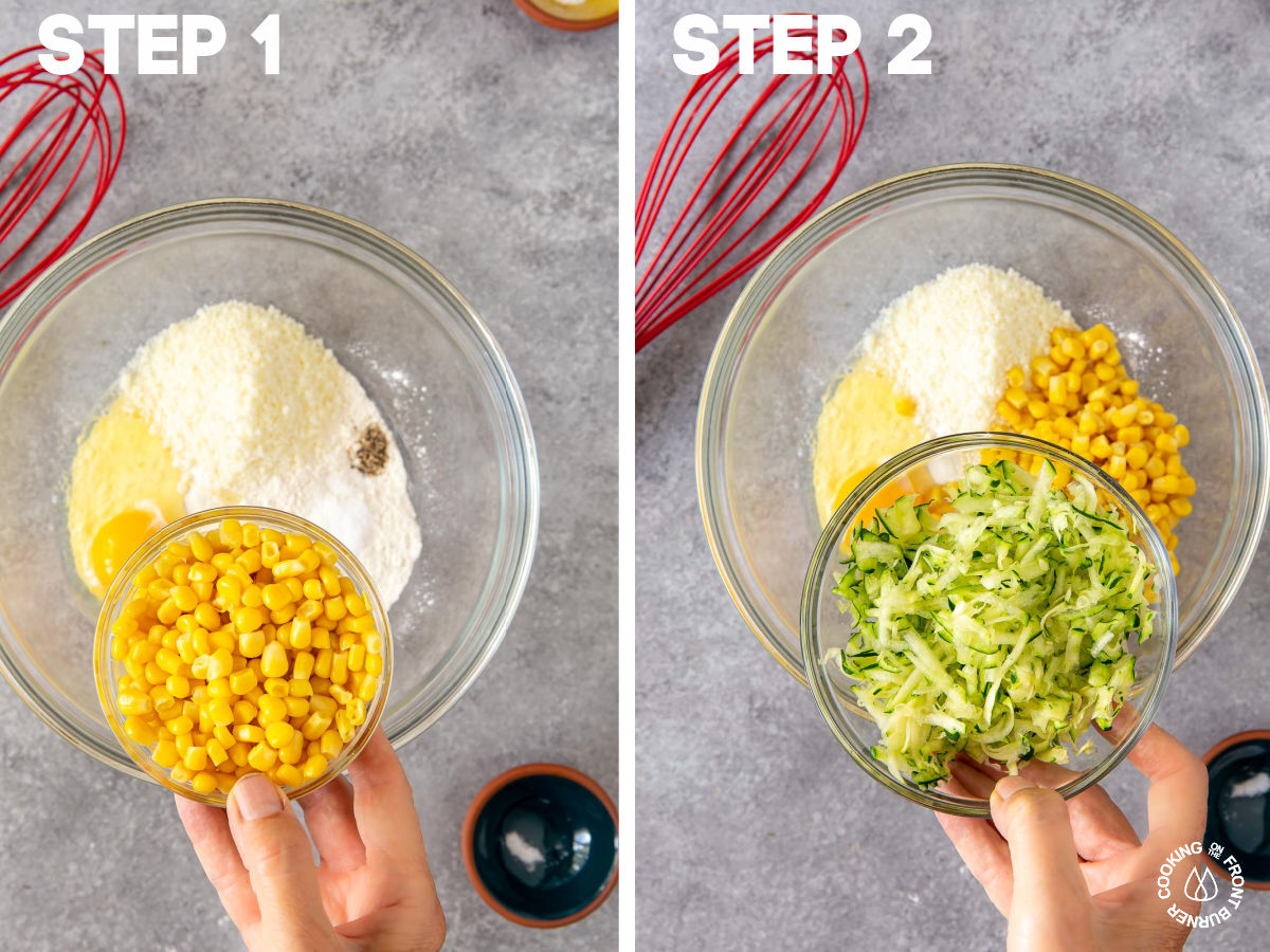 bowl with flour, corn, cheese and zucchini