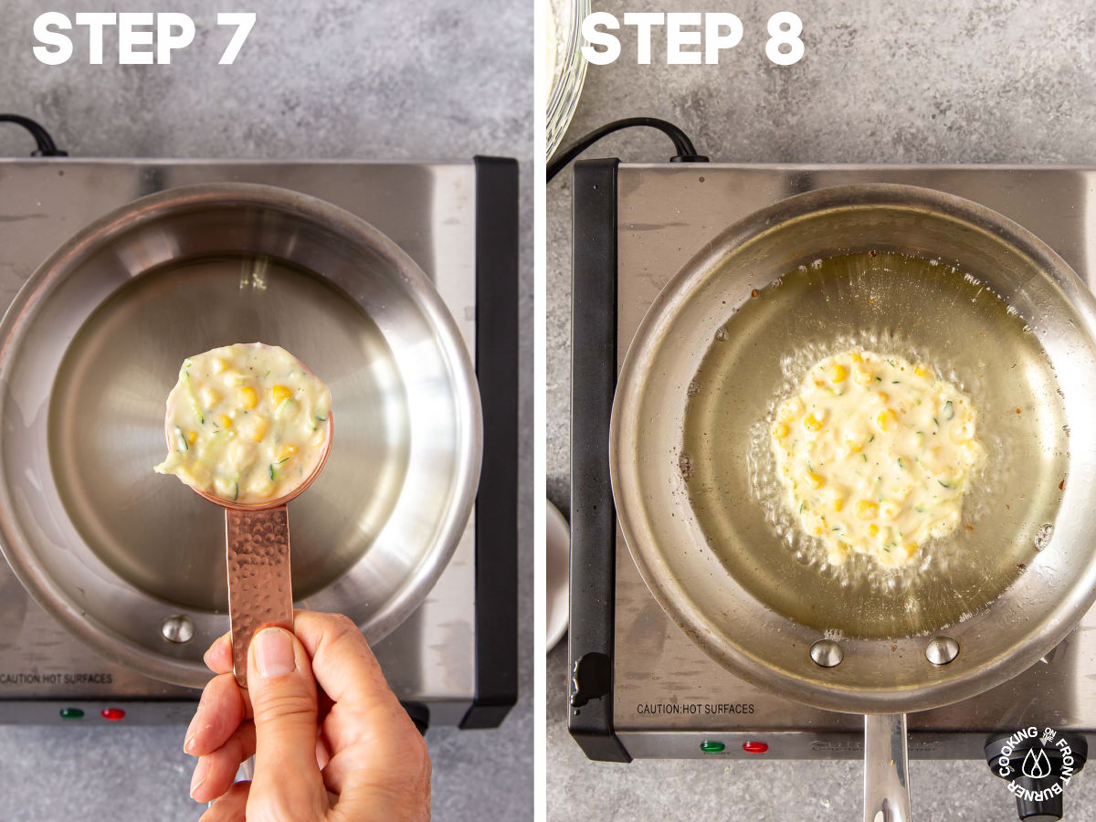 scooping zucchini corn batter and placing ¼ cup in a frying pan with hot oil