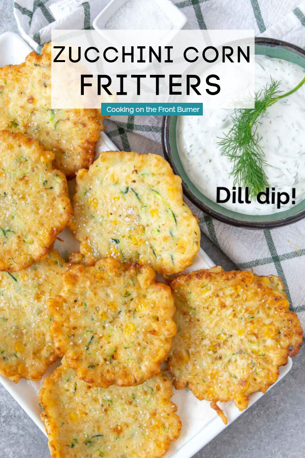 a pinning image for pinterest of a zucchini corn fritters