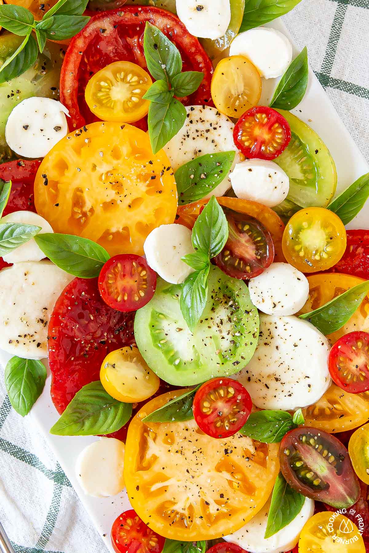 a close up shot tomatoes, basil, cheese - caprese salad on a white platter