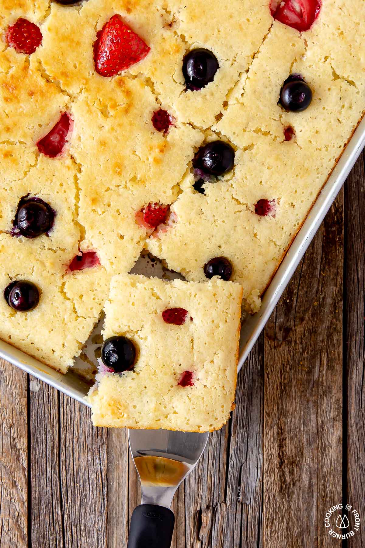 a piece of sheet pan pancake on a spatula