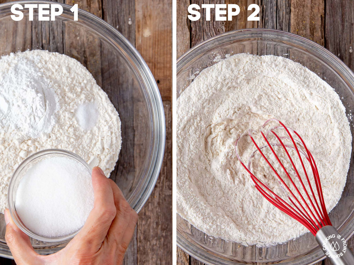 a bowl with flour, baking powder, salt and sugar stirred with a whisk
