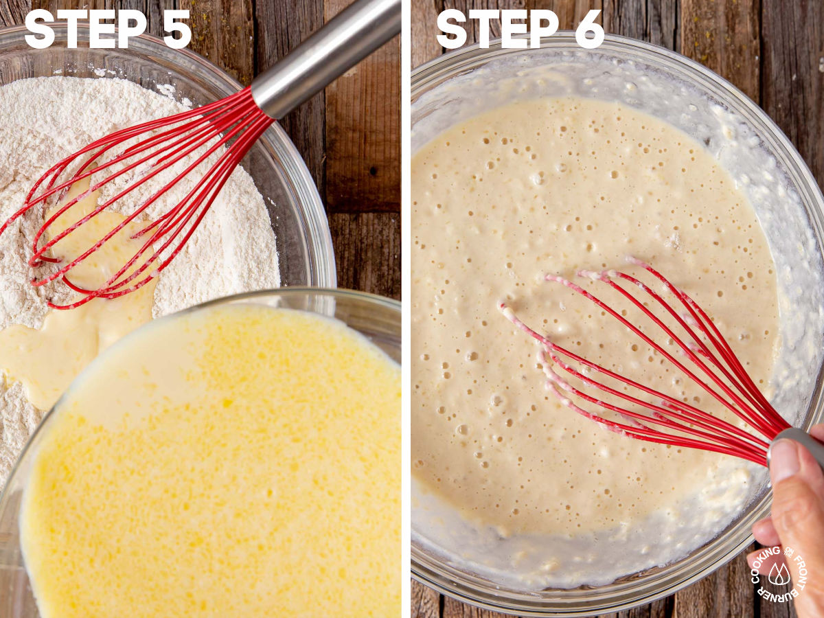 pouring wet pancake ingredients in a bowl with the flour mixture using a whisk